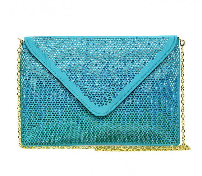 Evening Bag - Satin Envelope Clutch w/ Gradient Colored Rhinestones - Turquoise - BG-EBP2043TQ